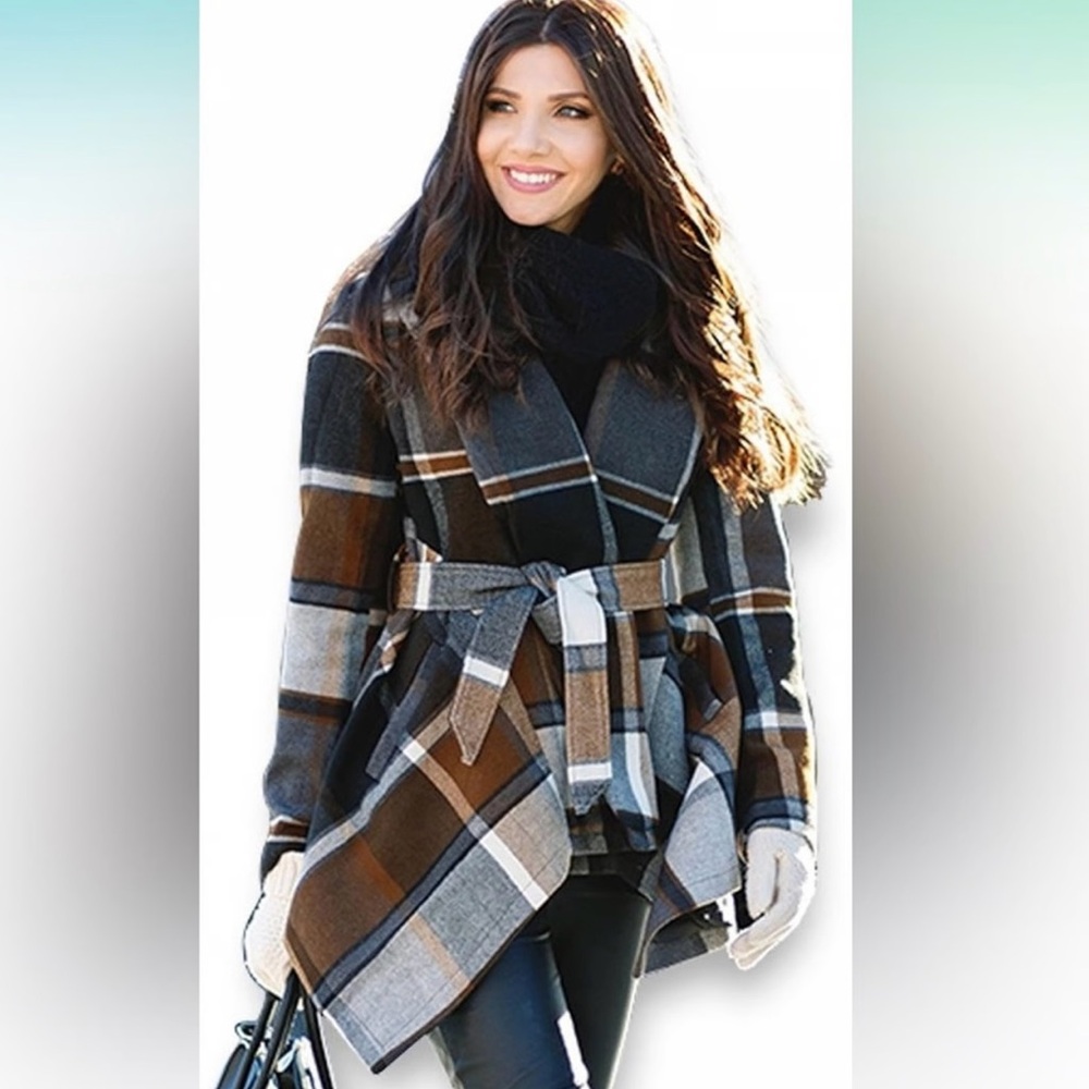 Chicwish Plaid Cape Coat - Black, Brown, and Gray